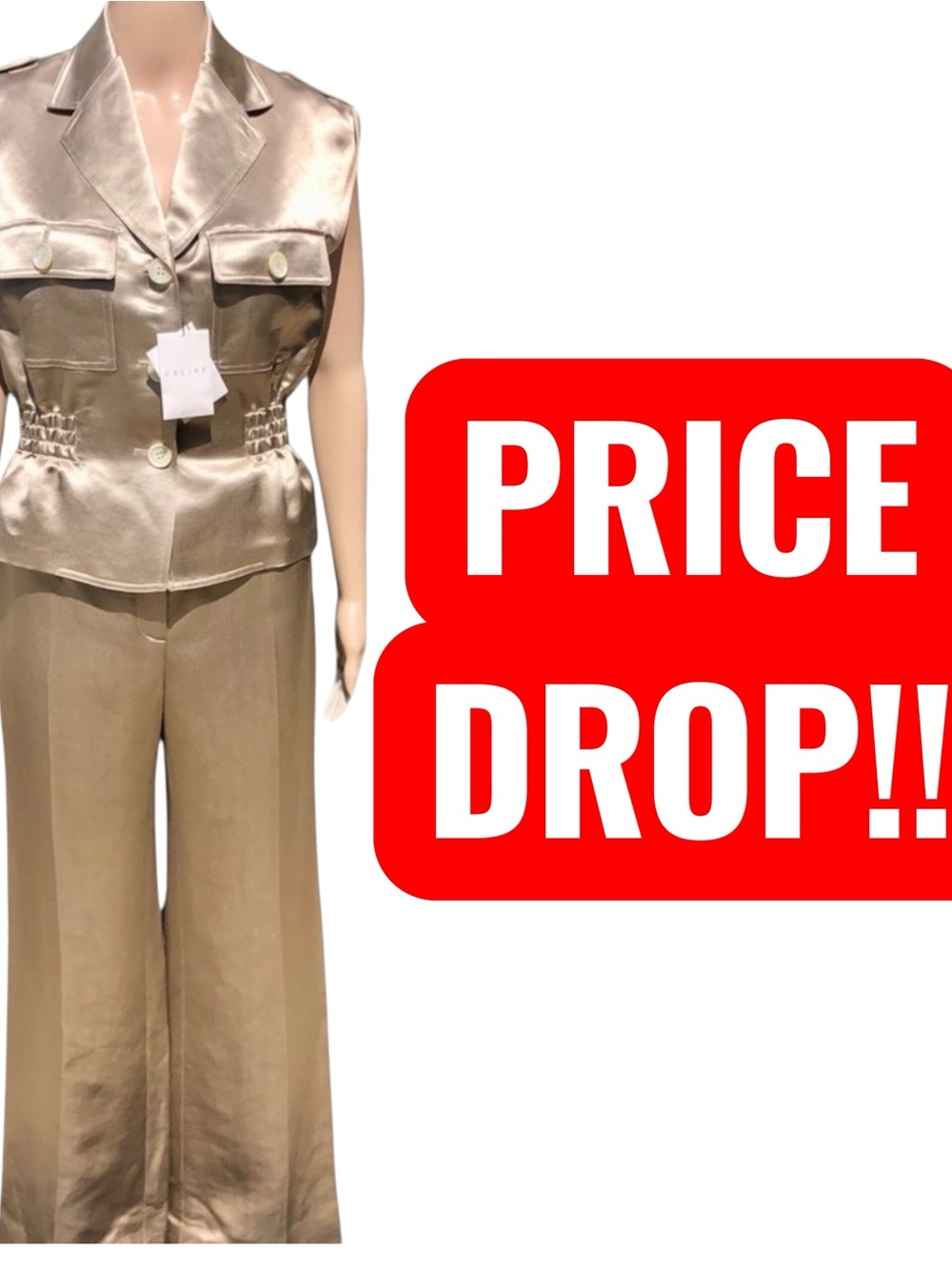 Celine vintage beige silk and linen sleeveless jacket and pants Sz m